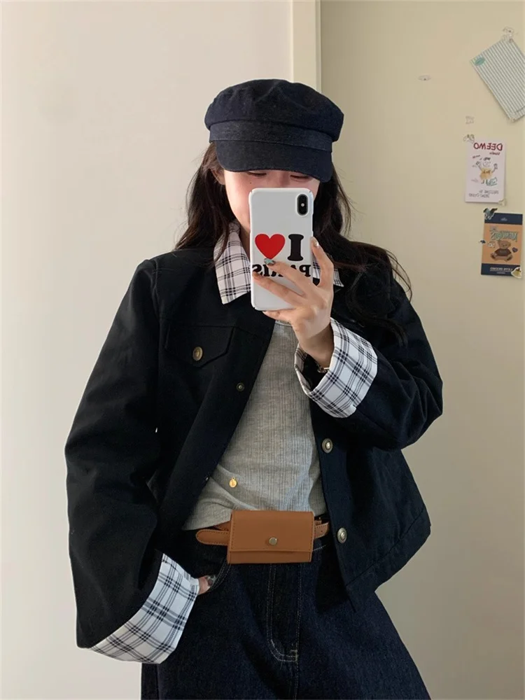 

2025 New Autumn Vintage Casual Jacket for Women's Daily Casual Artistic Splicing Plaid Navy Jackets High-end Casaco Feminino