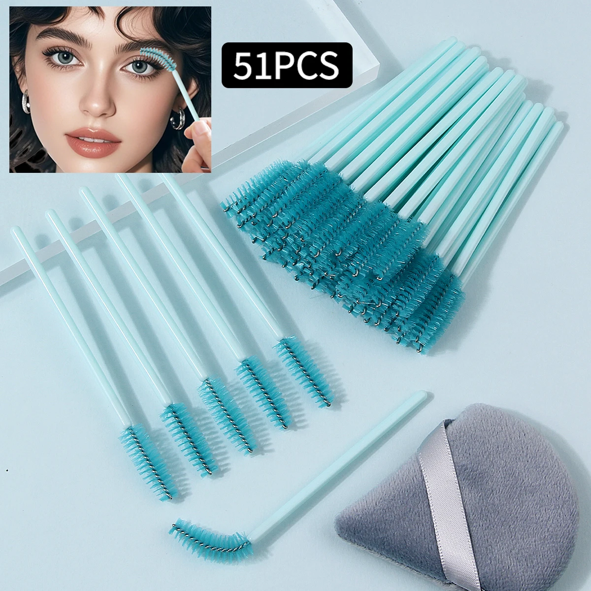 Bestseller Biegbare Spiral-Wimpernbürsten, 51 Stück Hellblaue Mascara-Stäbchen mit Dreieckigem Samtpuderquaste für Augenbrauen