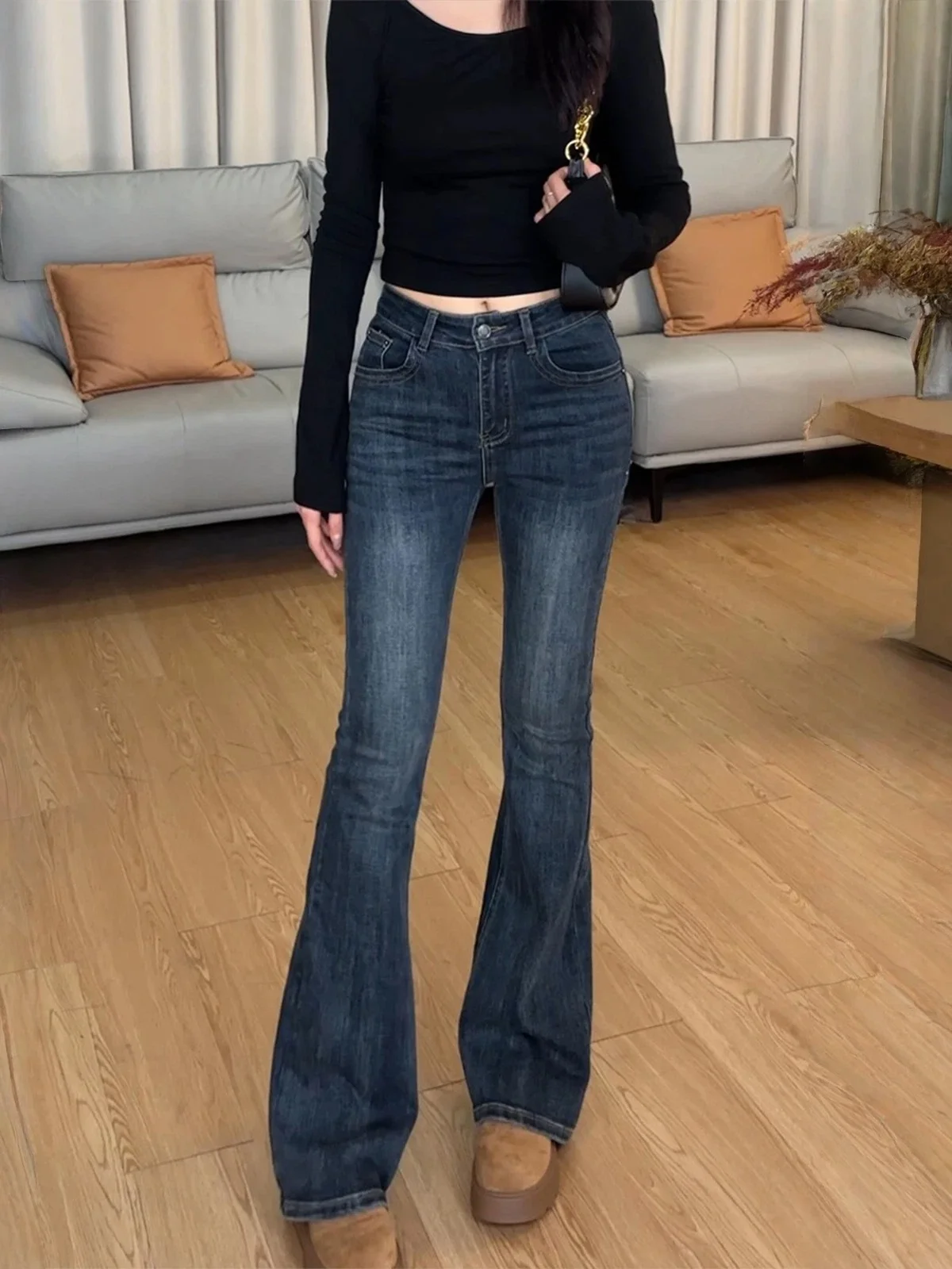 Retro American Spicy Girl Tightened Bell Bot Jeans Women's Spring New Sle Elastic Slimming Fce Lined Long Pants