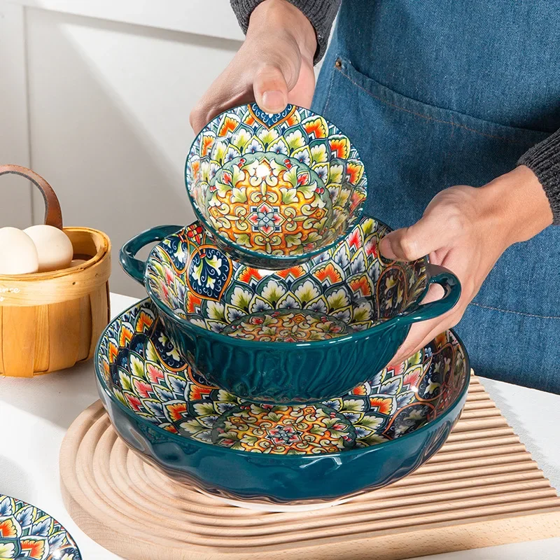 1Pcs Bohemia Retro Ceramic Dinner Plate Set Food Household Tableware Breakfast Salad Soup Bowls Dinnerware