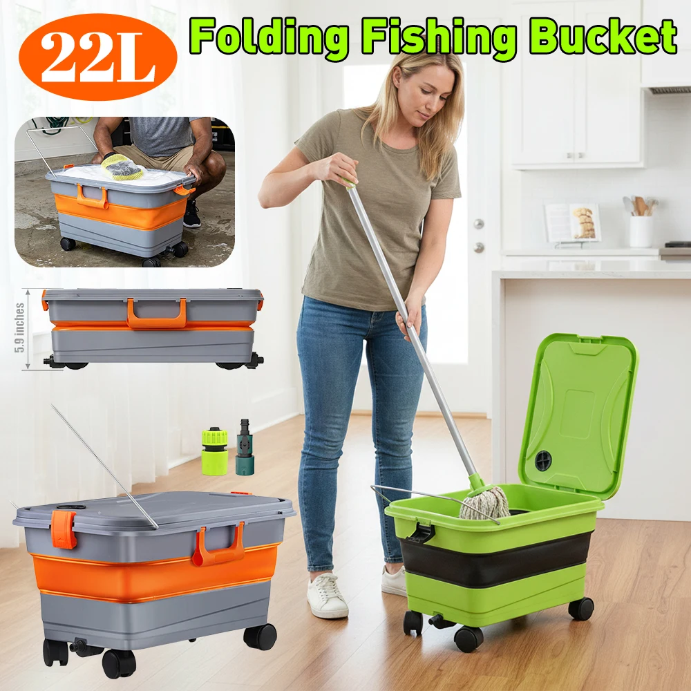 

Складное ведро 22 л для мытья автомобиля с колесами и ручкой, многофункциональное, для уборки, кемпинга, автодомов, мытья домашних животных и стирки