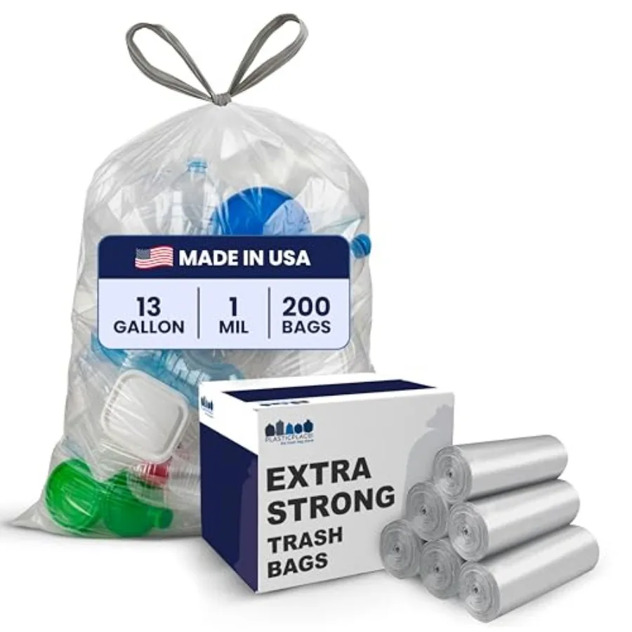 13 Gallon Trash Bags │ 1.0 Mil │ Clear Extra Tall Drawstring Garbage Can Liners │ 24" x 31" 200 Count