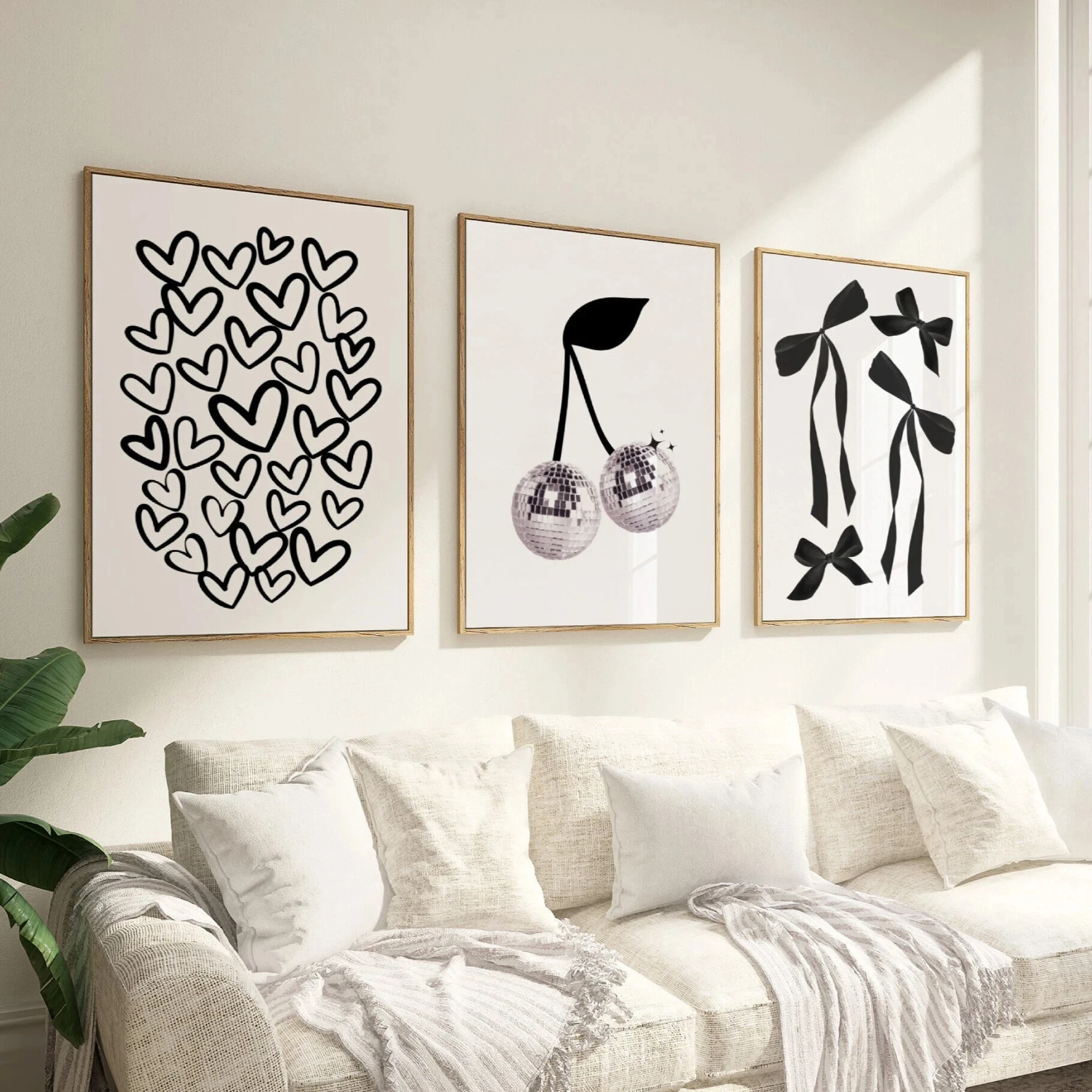 3pcs frameless Canvas Painting 3pcs Playful Black-and-White Bow Cherry Poster Print Modern Youth Academy Main Image Frameless Ca