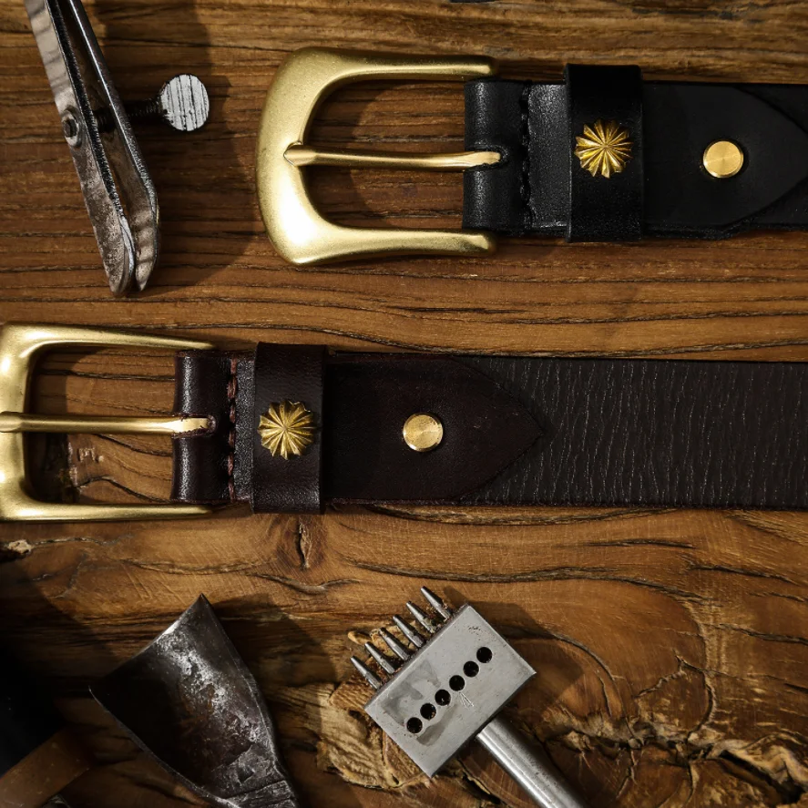 Vintage Handmade Italian Vegetable Tanned Top Layer Leather Belt for Men Brass Chrysanthemum Ornament Genuine Leather Jeans Belt