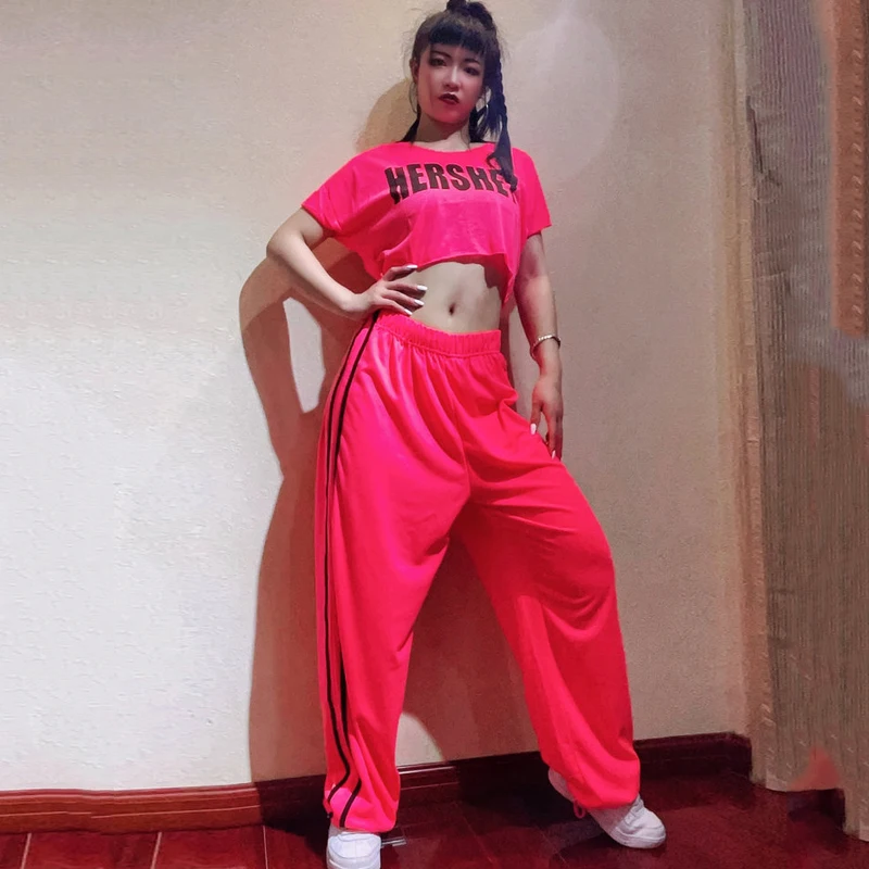 Hip Hop Dance Costume Adult Street Dancing Clothes Fluorescent Jazz Top Hip Hop High Waist Paants Rave Outfit StageWear XS4603