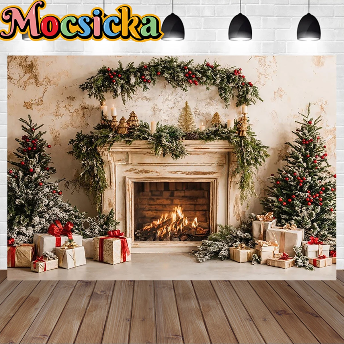 White Vintage Fireplace Background Photography Christmas Tree Garland Candle Gift Backdrop Booth Xmas Room Family Photo Studio