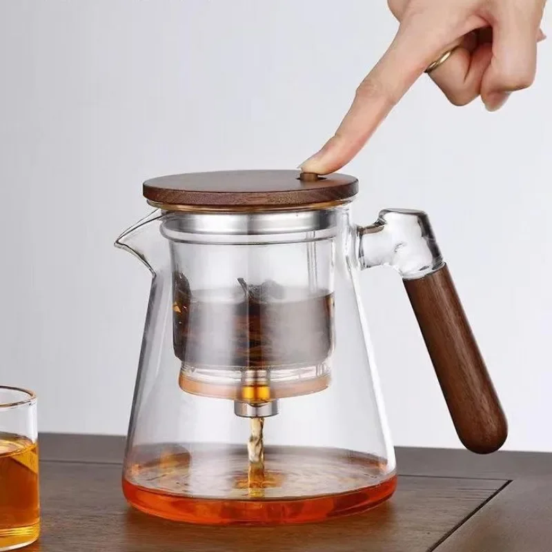 One Click Magnetic Switch Tea Separation Filtration Glass Tea Pot Wood Handle Tea Water Separation Inner Container Teapot