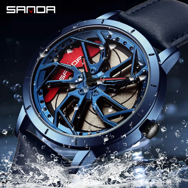 SANDA 1086 360 Degrees Rotating Wheel Dial Men\'s Quartz Watches Men Fashion Business Racing Car Rim Wristwatch Relogio Masculino