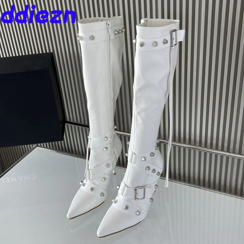 

Footwear Rivet Women Long Modern Boots Shoes Female Zippers Fashion Pointed Toe Ladies Knee High Boots With Thin Heels Shoes