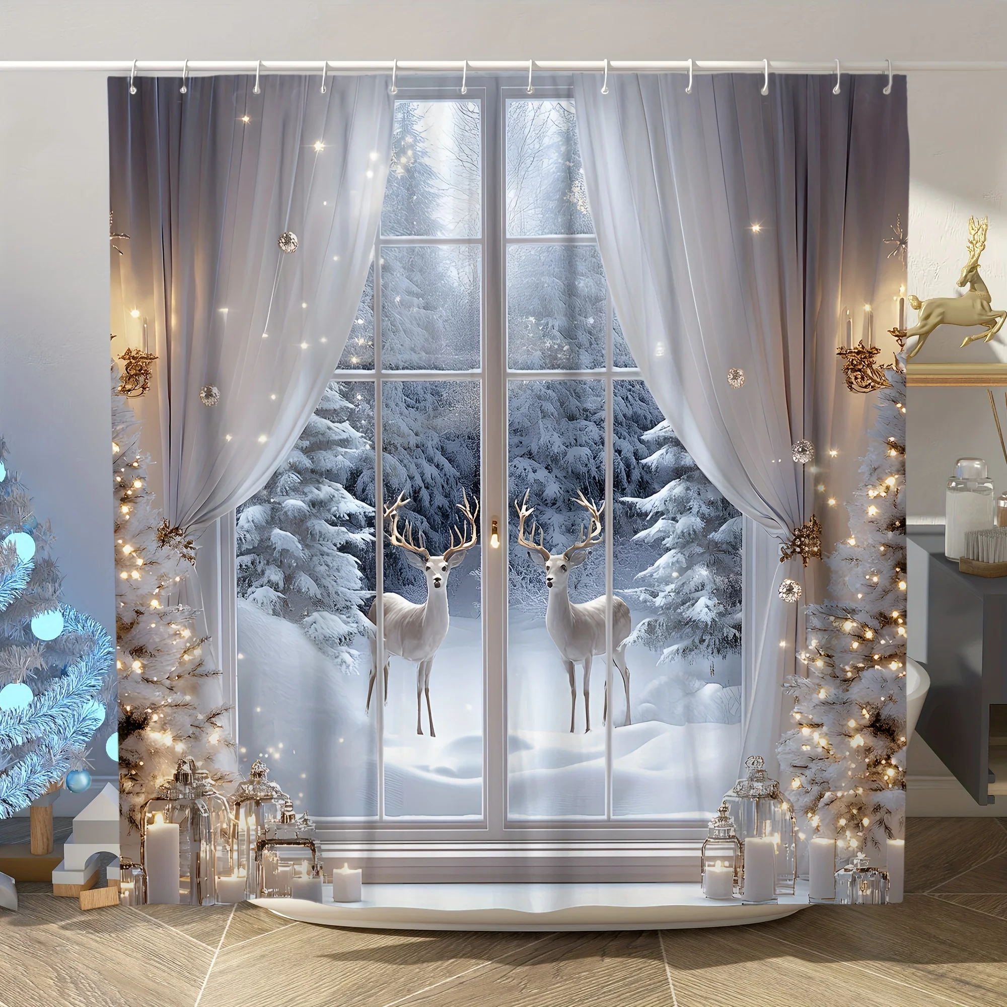 4PCS Christmas Reindeer Shower Set – Red & White Print 12 Hooks Waterproof Curtain Non-Slip Mat U-Seat Cover Holiday Decor