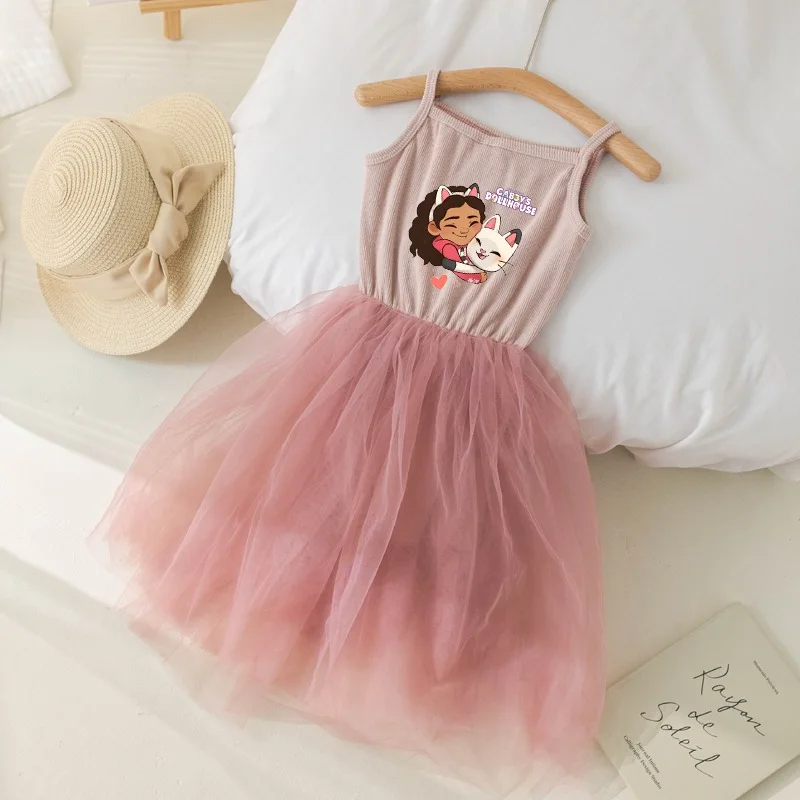 Gabby Dollhouse Girls Camisole Dress Baby Clothes Toddler Kids Sleeveless Suspender Dresses Tops Splicing Tulle Skirt Child Gift