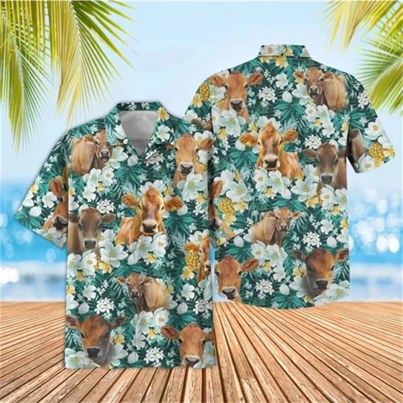 Camisas de playa con estampado 3D de vaca Animal divertido para hombres, blusas de manga corta con solapa de oso, Tops con botones hawaianos, ropa corta