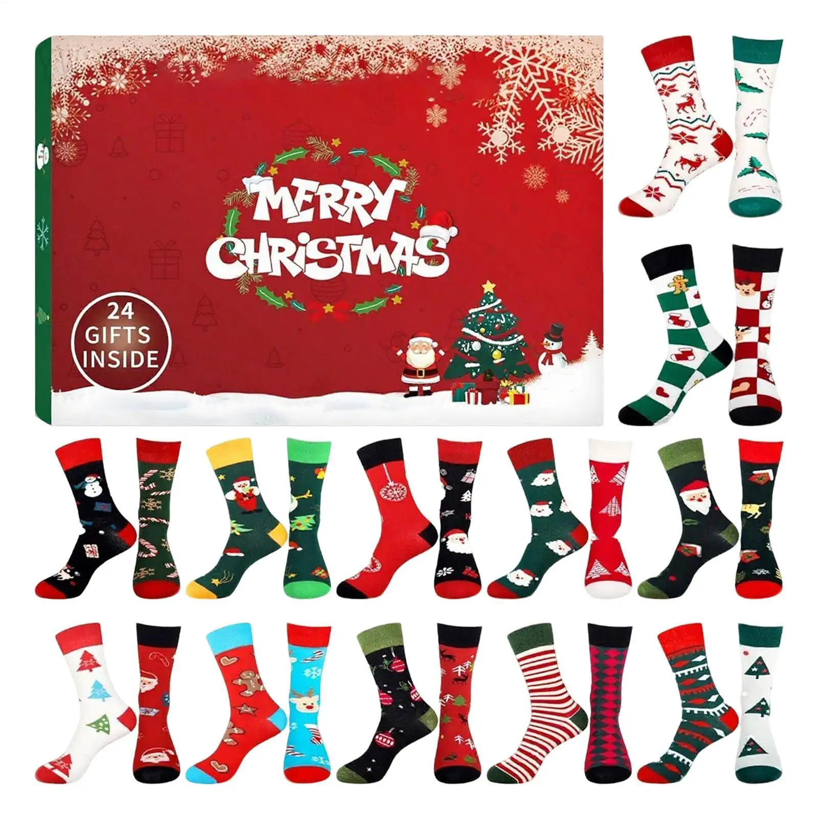 12-teiliges Weihnachtssocken-Adventskalender-Unisex-Socken-Set, Weihnachts-Countdown-Kalender, bunte und süße Weihnachtssocken mit mittlerer Röhre