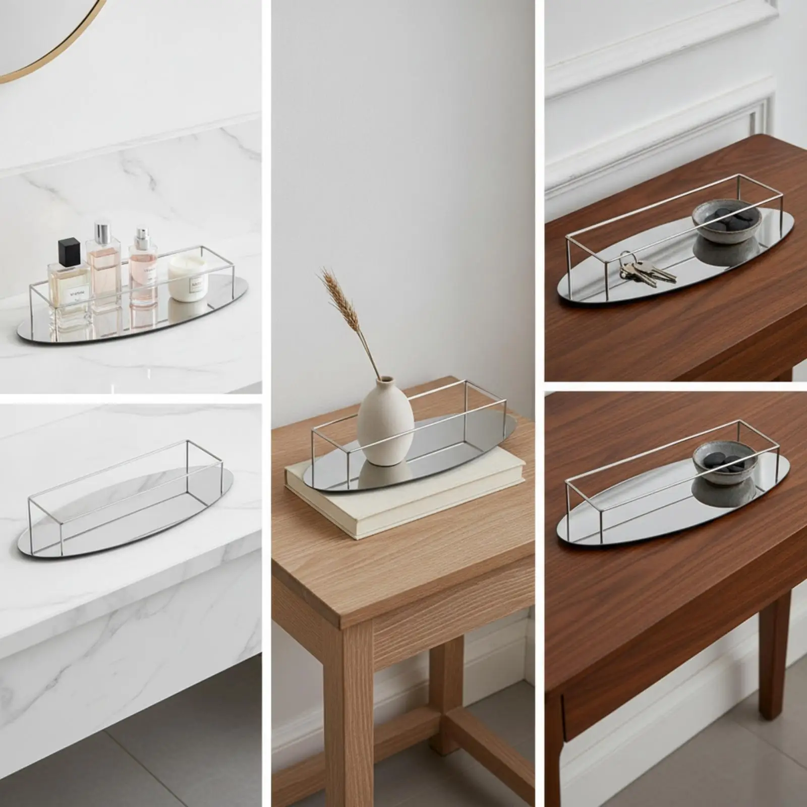 Stainless Steel Decorative Tray Mirrored Base Rectangular Wire Frame Organizer for Vanity Table Jewelry Display Home Decor