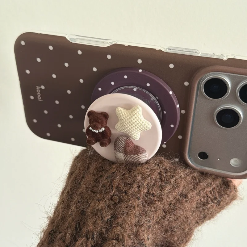 Shockproof White Dots Pattern Magnetic Brown Phone Case with Bear Holder for iPhone 17, 16, 15, 14, 13, Pro, Promax