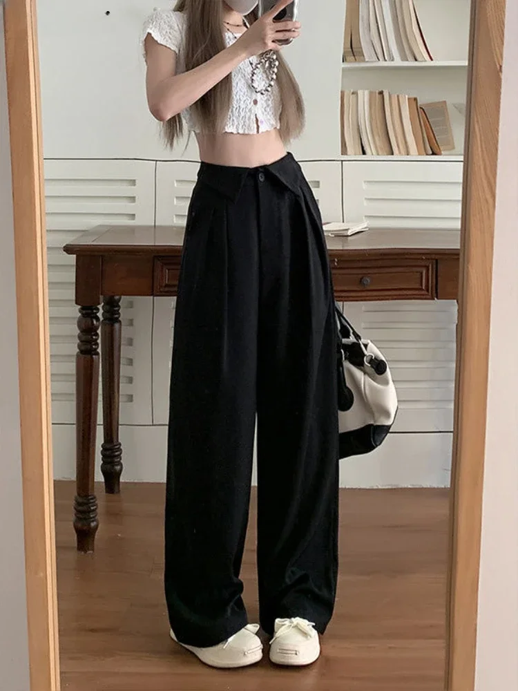 Pants Women Casual High Waist Wide Leg Korean Style Loose Slim Fit Breathable Turn-down Design Leisure Cozy Fashion Chic Trendy