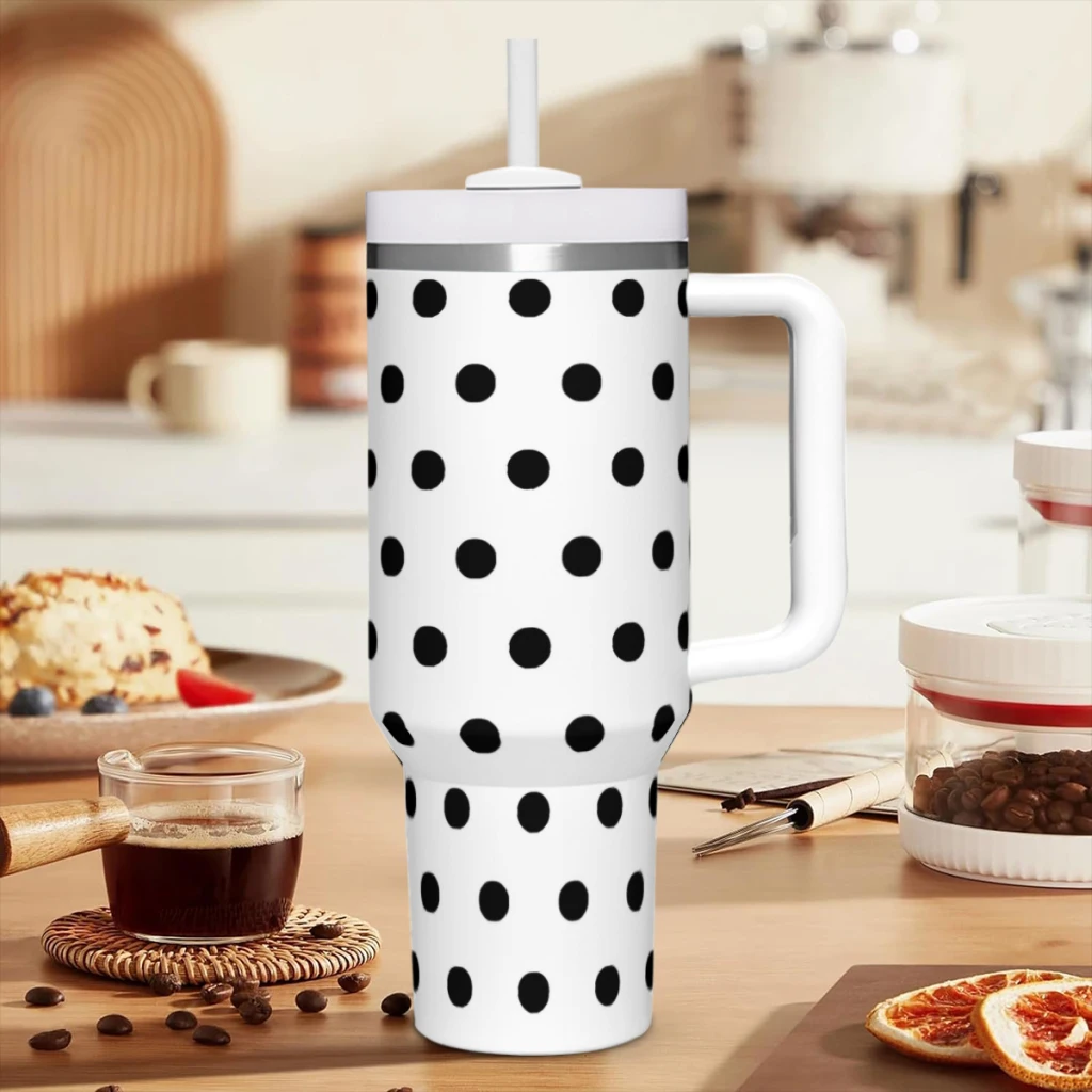 Classic Black White Polka Dot  Special 40 oz Tumbler Handle Straw Lid,Stainless Steel Insulated Tumblers,Travel Coffeec cup