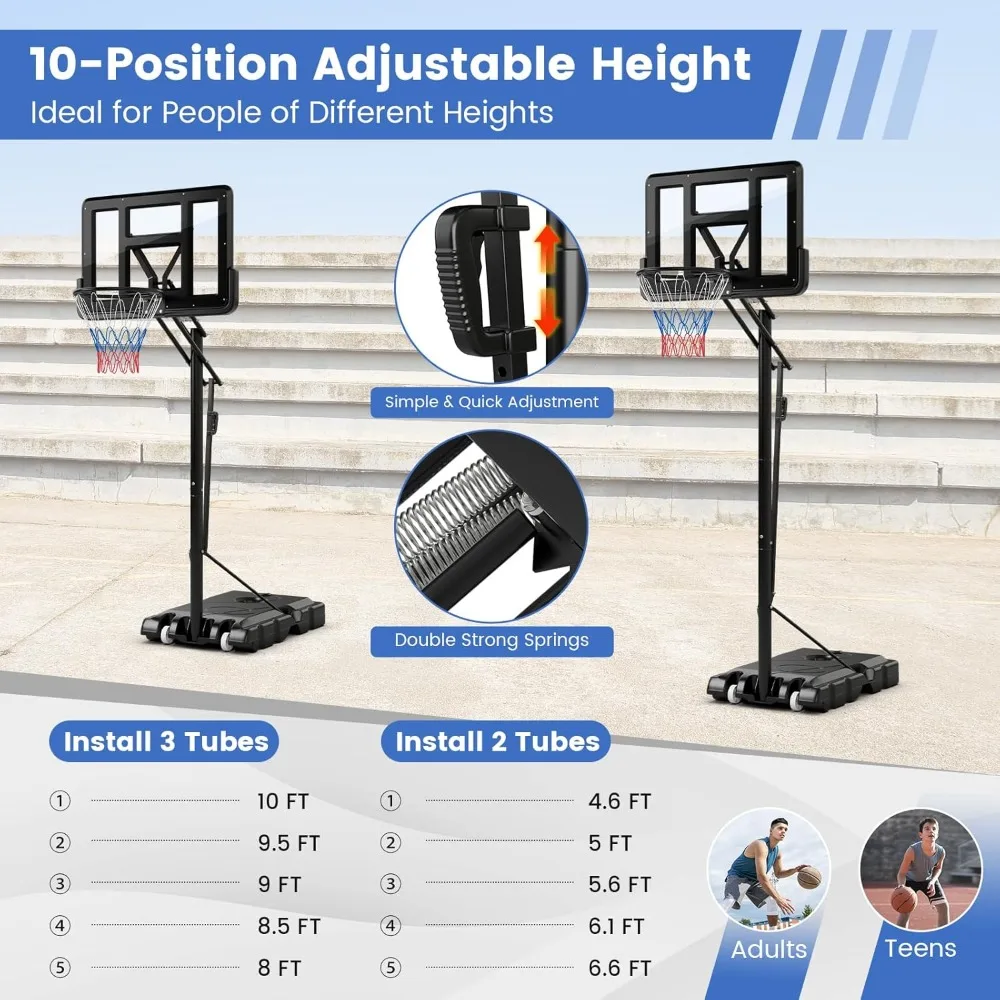Golfe de basquete de altura ajustável de 4,6 a 10 pés com tabela inquebrável de 44 polegadas e aro de metal de 18 polegadas para jogo de aderência e tração