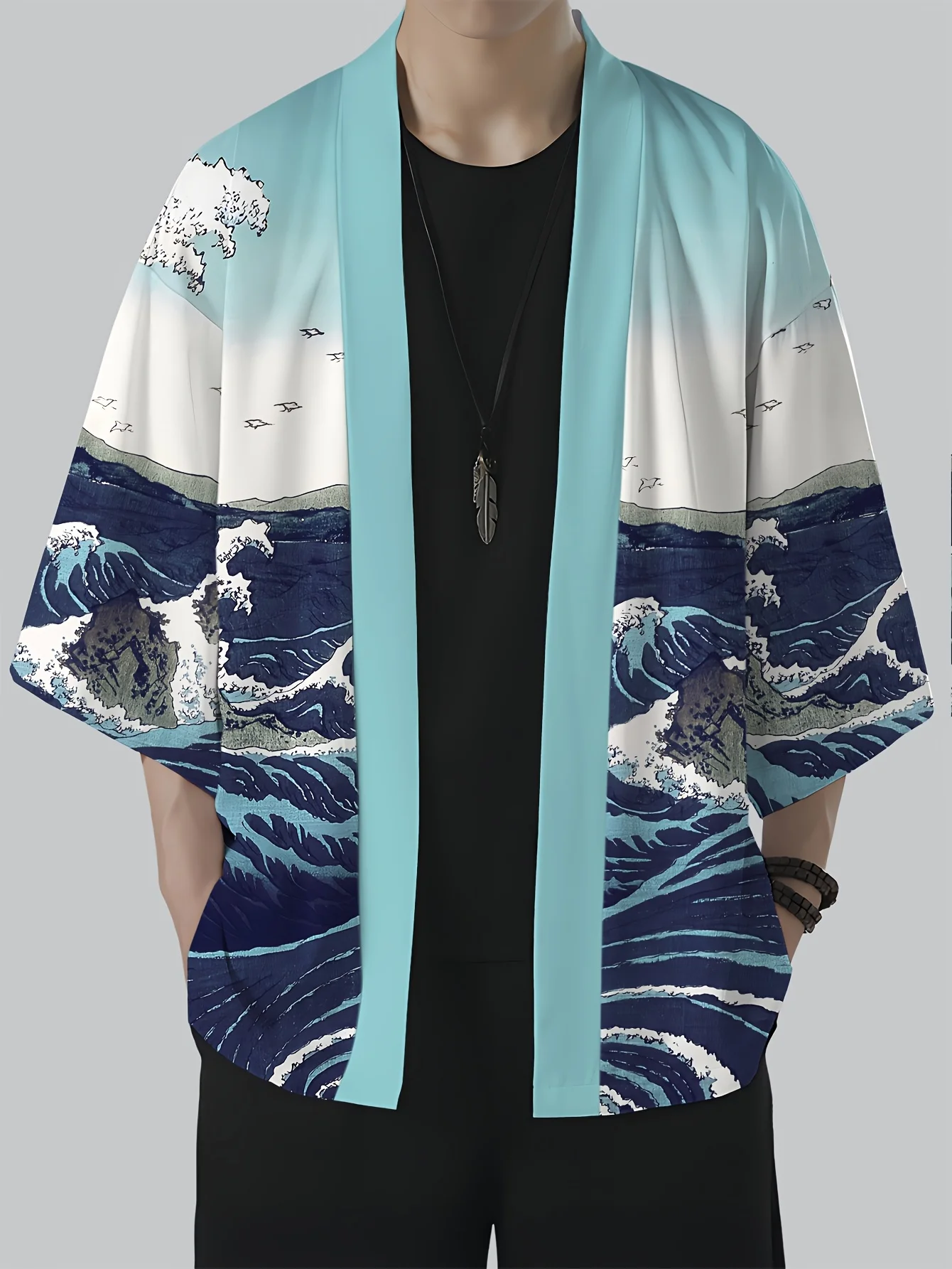 

Men's casual kimono Men's lightweight kimono with a pullover style featuring energetic Kanagawa waves print Traditional Japanese