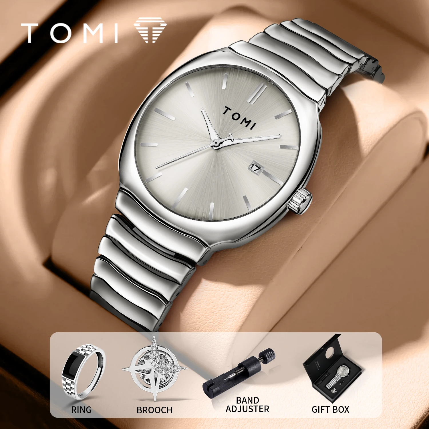 TOMI Minimalist Watch Set Mirror Polished Silver Dial Stainless Steel Milanese Band Business Casual Style With Bonus Accessories