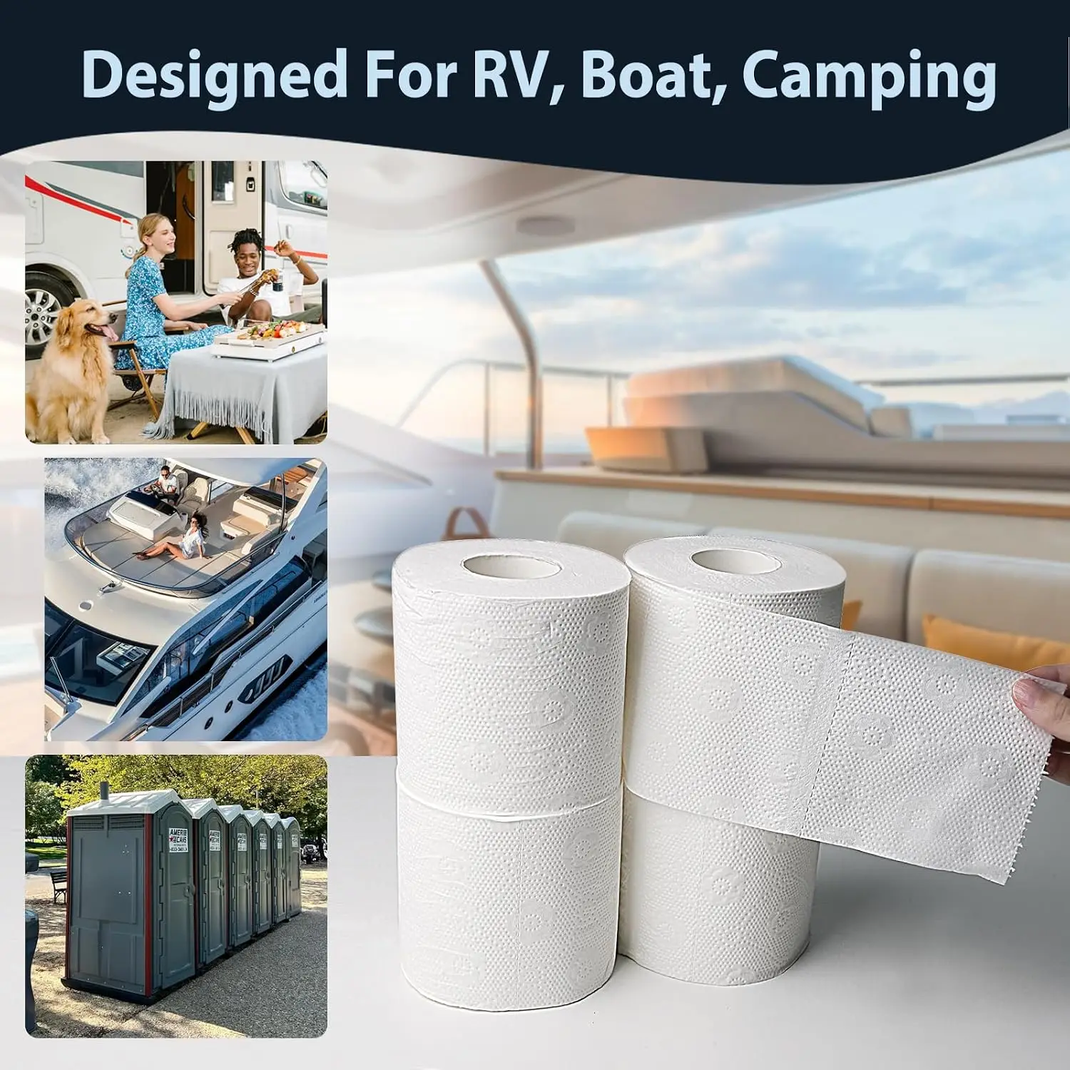 RV Camping Toilet Paper - 4 Rolls Rapid-Dissolve Marine & Trailer Septic Safe Tissue - Biodegradable 3-Ply 290 Sheets Bath Tissue for Marine, Travel, and Camper Systems