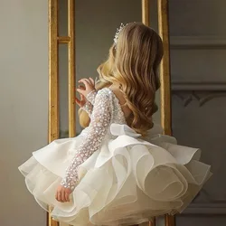 Formele Lange Mouwen Pailletten Lace Bruiloft Prinses Jurk Verjaardag Avondjurk Boog Kids Jurk Voor Meisje Bruidsmeisje Kinderen Fluffy Gown