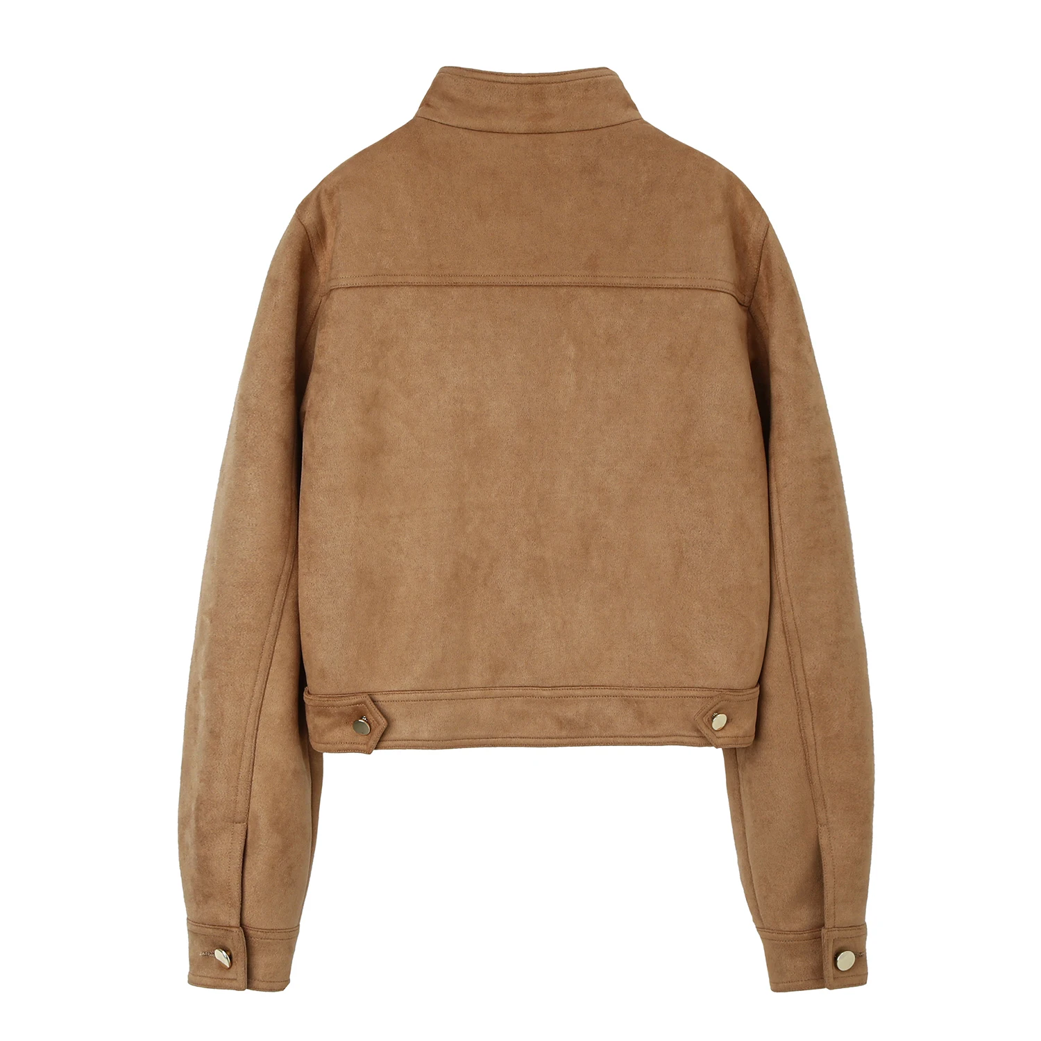 Chaqueta de ante vintage para mujer, abrigo de motociclista corto ajustado con cuello mandarín y cintura corsé en color caqui piedra, Edgy Chic