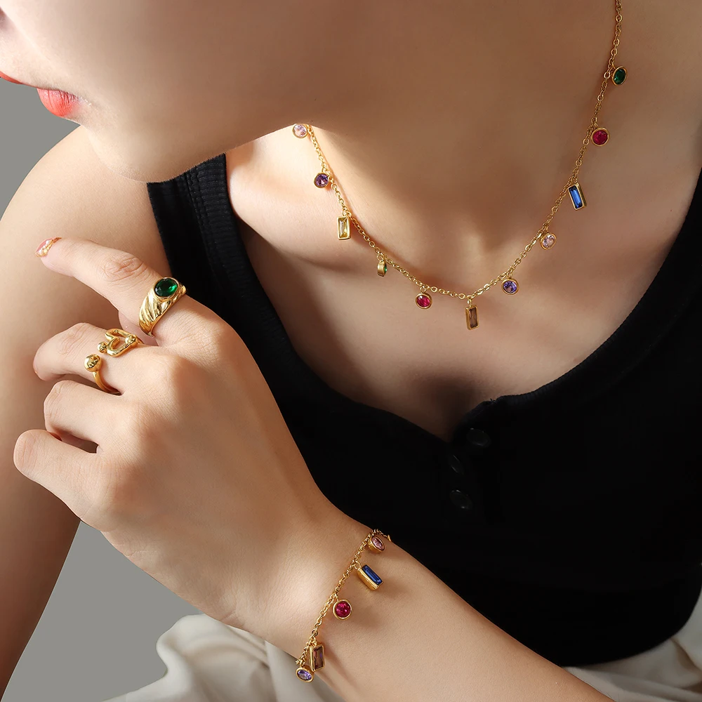 Colorful Zircon Necklace Bracelet Set Summer Girls Jewelry Personality Pendant Stainless Steel Colorfast Accessories Wholesale