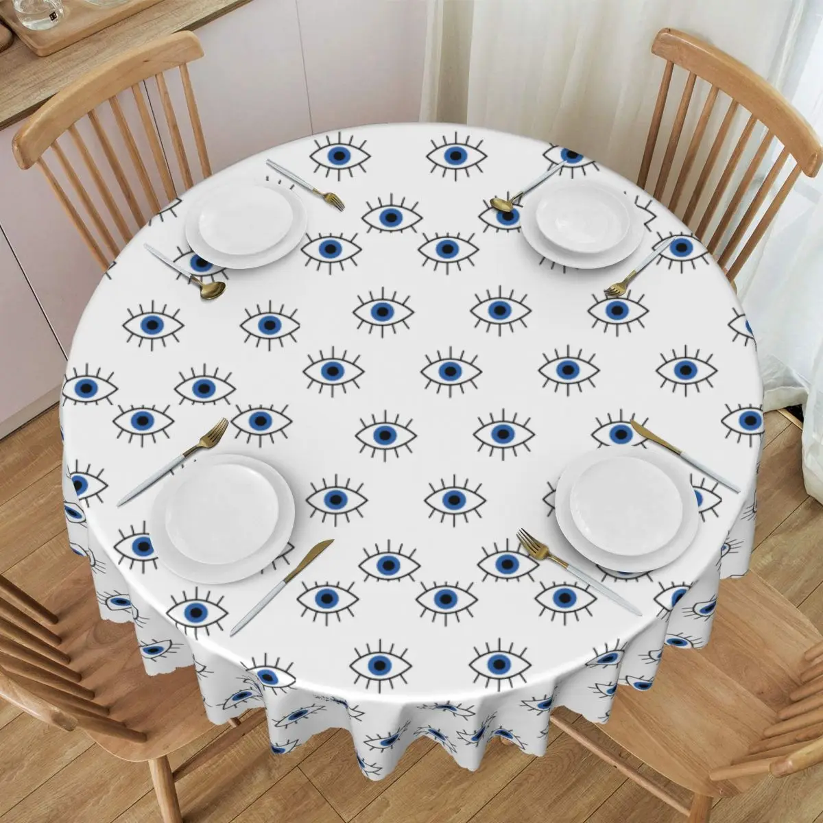 Custom Round Cute Blue Turkish Evil Eye Tablecloth 60 inch Kitchen Dinning Table Cloth Spillproof Nazar Amulet Boho Table Covers