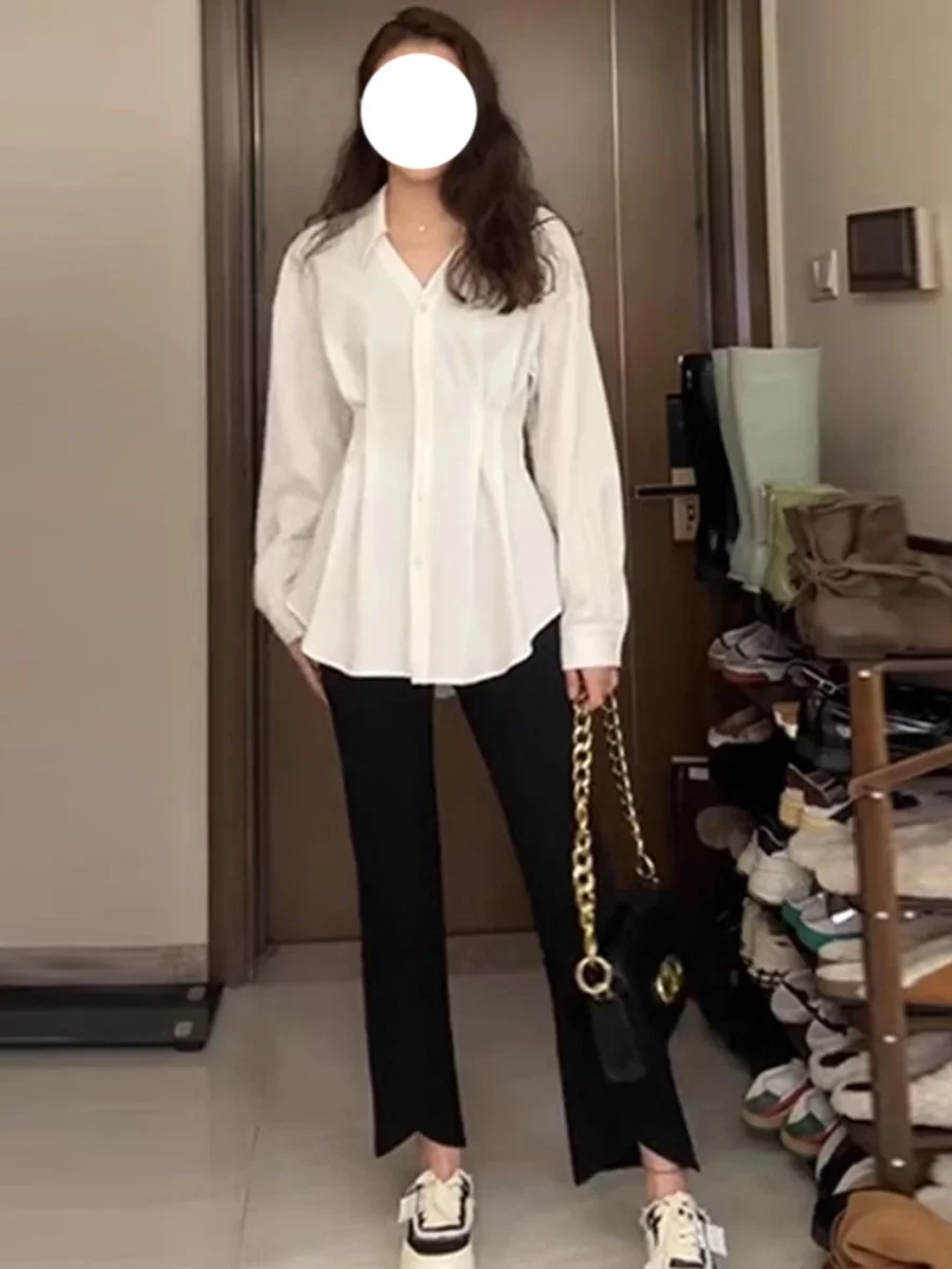 

Plus Size Spring V-neck French Shirt Plus Size Ladies Slim Looking Waist Trimming Shirt Female Chic Tops E8602