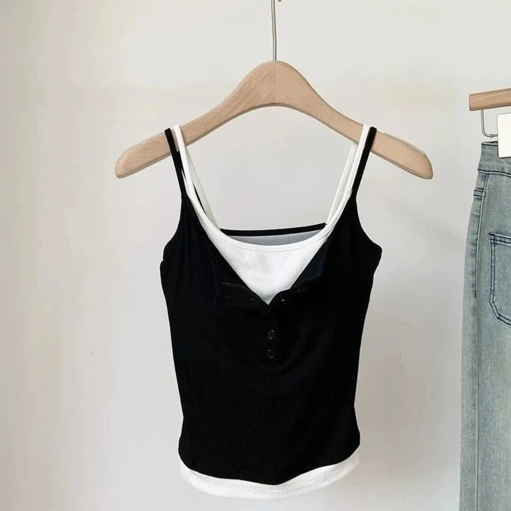 Color Blocking Crop Top Square Neck Sleeveless Women's Camisole Slim Fit Button Underwear Fake Two-pieces Camisole Student