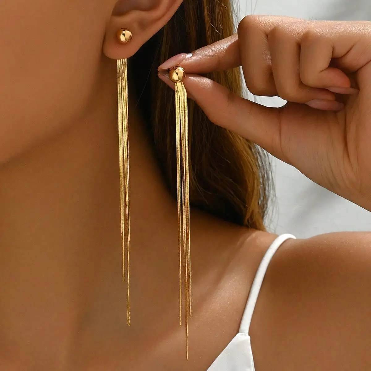 

1pc 18K Gold Plated Stainless Steel Long Tassel Earrings, Elegant And Romantic Vintage Korean Fashion Earrings