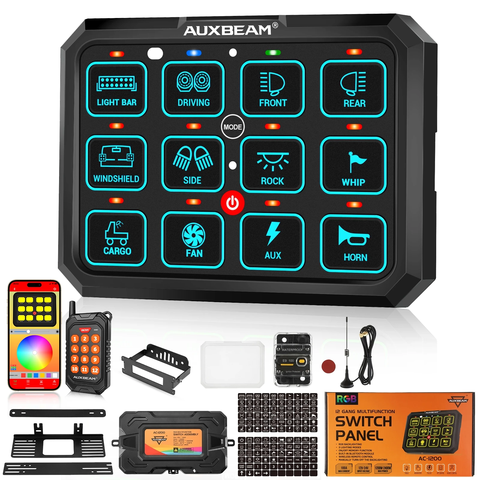 AUXBEAM AC-1200 Blutooth 12 Gang RGB Switch Panel Universal 12V 24V On-Off Switch Control Board with Remote App Control Switch