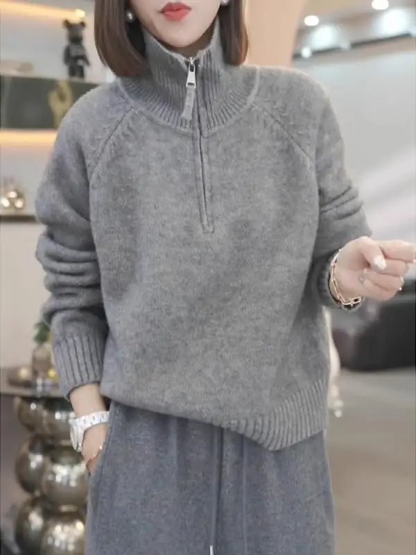 

Свободный вязаный свитер с длинными рукавами для женщин, новинка зимы, на молнии, с отложным воротником, больших размеров, удобный повседневный топ