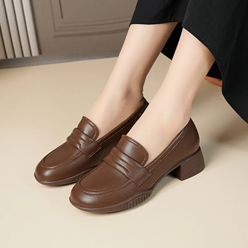 

4cm Fashion Elegant Deep Mouth Genuine Leather Shoes Women Single Shoes 2026 Spring Block Heel Loafers Platform for Office Work