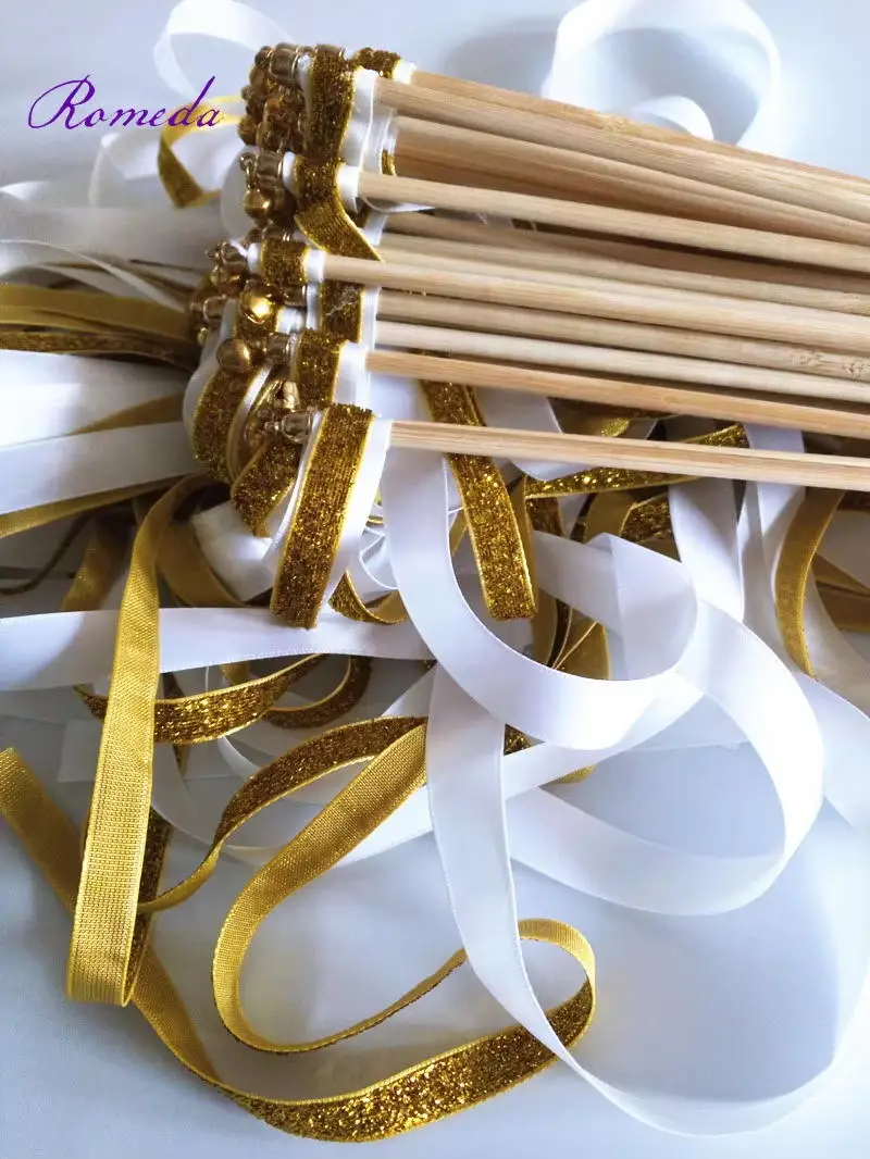 

Gold and white ribbon wedding wands with silver bell Wedding Ribbon Stick,ribbon Twirling Streamers