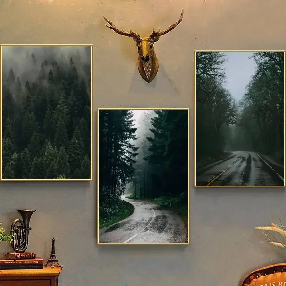 Foggy Mountain Misty Forest Pine Sage Green Wall Art Nordic Poster Self-adhesive Art Waterproof Paper Sticker House Room
