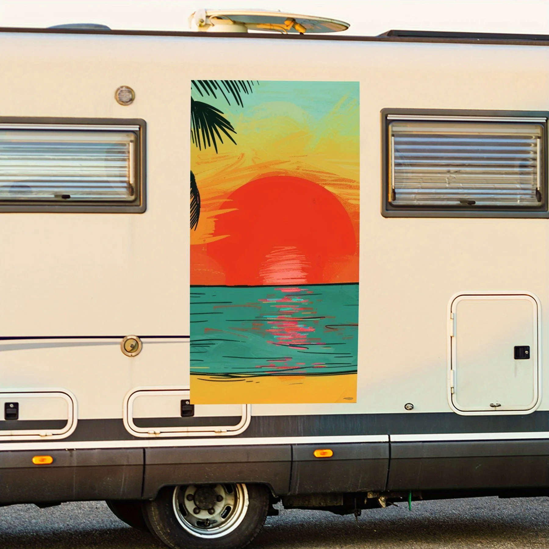 

Пляжный закат, дом на колесах, наклейка на дверь автомобиля, ПВХ, самоводонепроницаемая палочка, яркие автомобильные внешние аксессуары, декор, защита, подарок для автомобиля