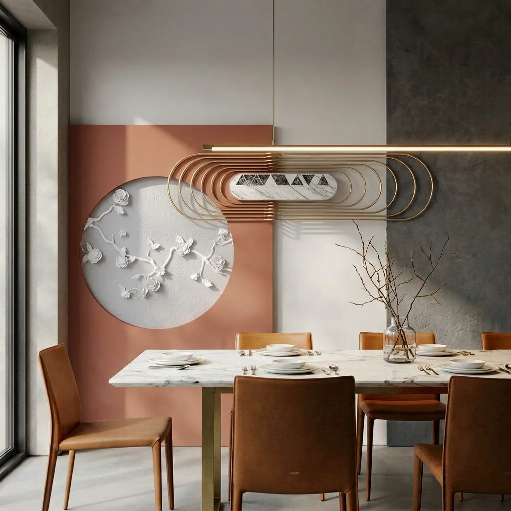 Circular floral branch relief, metal lines and geometric color blocks, bedroom background wall, self-adhesive material