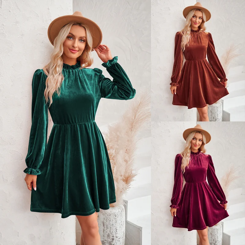 

Fashion Winter New Women's Casual High Neck Velvet Solid Color Waist-Cinching Dress