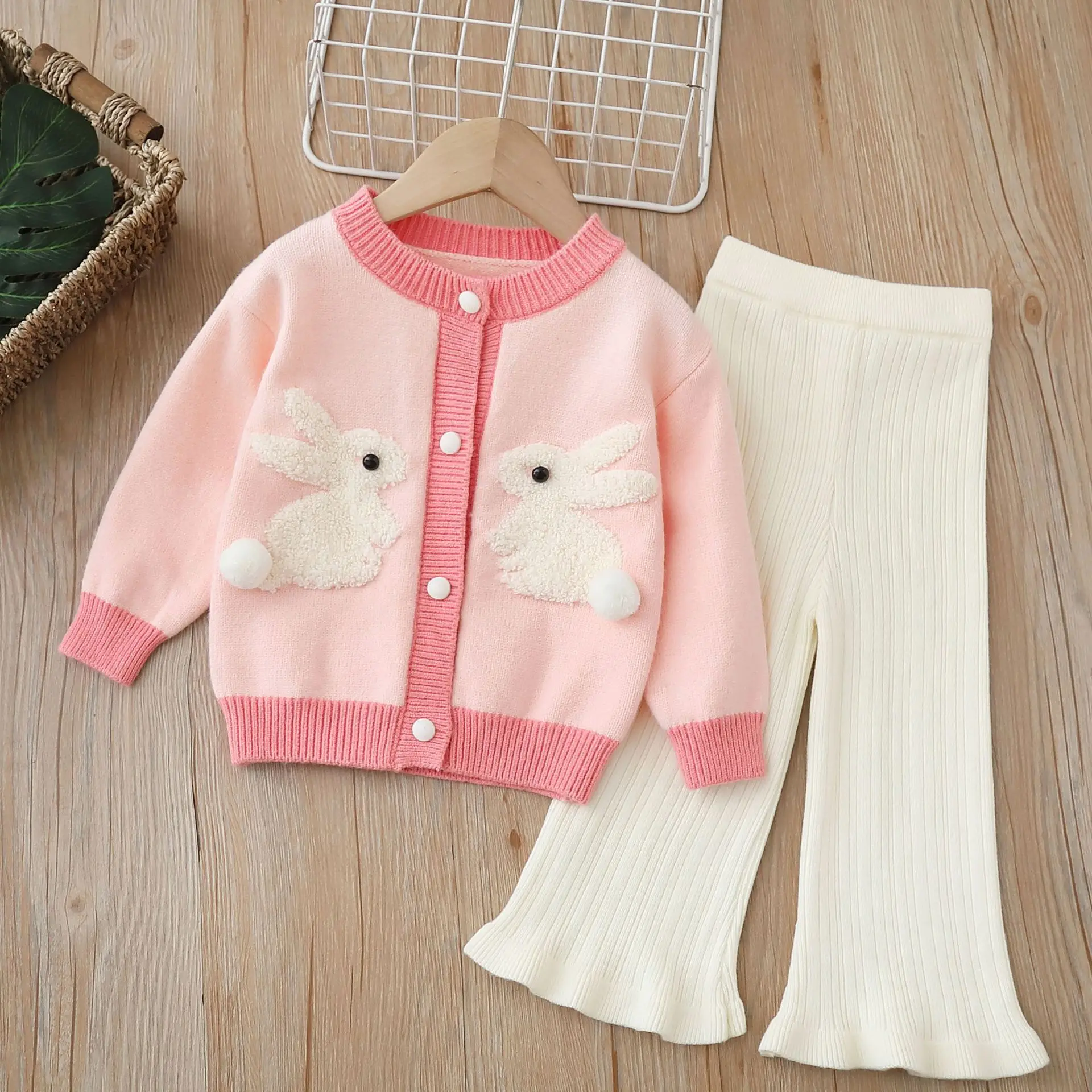 Children's Clothing Sets Cartoon Rabbit Cardigan Sweater + Wide-leg Pants 2pcs Sets Pullovers Kids Toddler Girl Winter Clothes