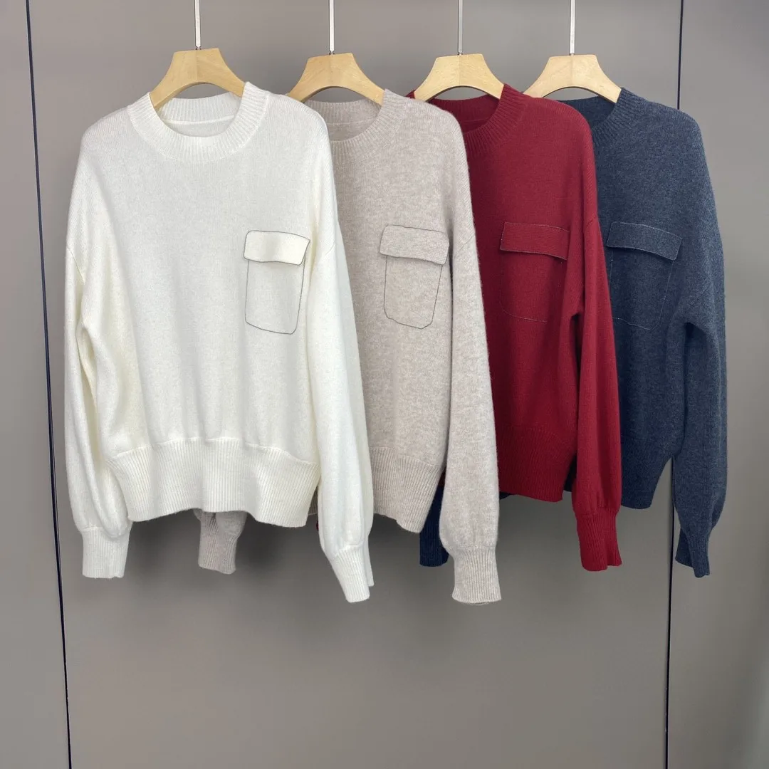 

Autumn Winter Women Cashmere Sweater Beaded Pocket O-Neck Long Sleeve Solid Color Casual Female Knitted Pullover