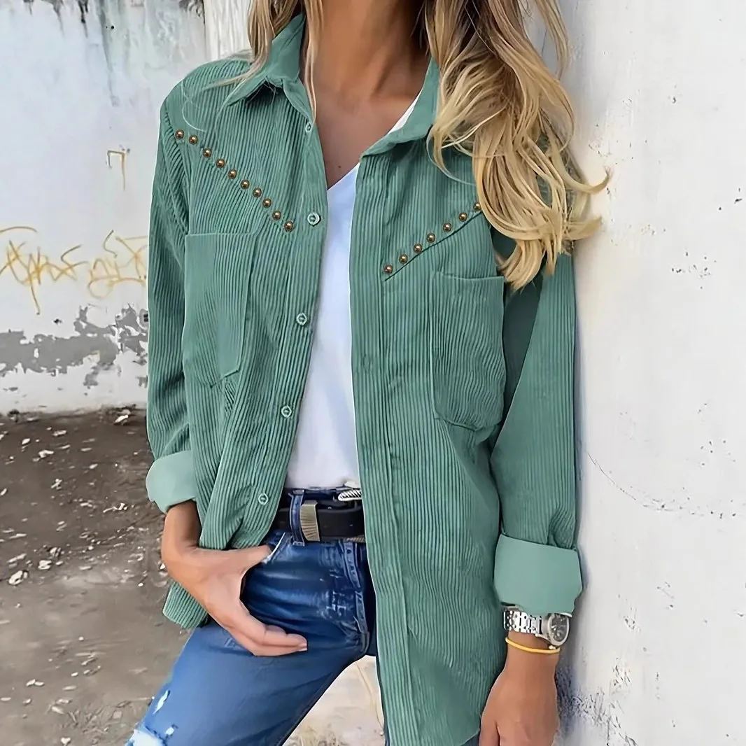 

2025 autumn and winter women's corduroy jacket simple casual style rivet pocket retro shirt jacket