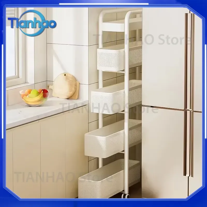 Slim Space Saving Narrow Gap Storage Rack Pull Out Under Refrigerator Organizer Shelf Rolling Cart for Kitchen Cabinet Pantry
