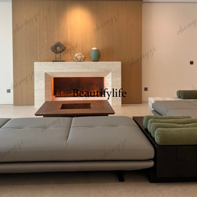 Italian minimalist natural travertine fireplace Modern stone living room Hotel clubhouse decorative fireplace