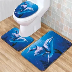 【Toilet 3pcs set】 Underwater World Series Restroom Floor Mats, Dolphin Image Bathroom Doormat, Bathroom Rugs, Toilet Cover Mats