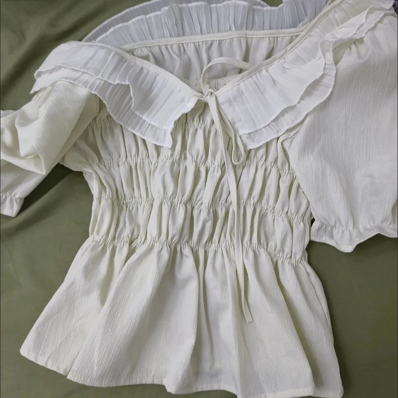 T-shirts Dames Zoete Franse stijl Ruches Pofmouwen Esthetische Mooie meisjes Gedefinieerde taille Chique streetwear Leeftijdverminderende zomer