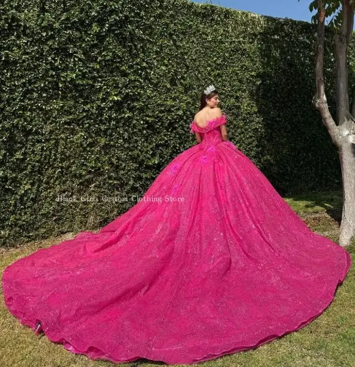 Сверкающее розовое бальное платье Quinceanera Платье на одно плечо с украшением из пайеток Корсет с соборным шлейфом Платье de xv añosНа заказ