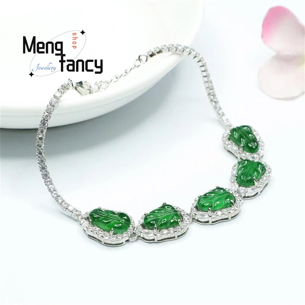 S925 Silver Lnlaid Natural Jadeite Ice Imperial Green Leaf Bracelet Exquisite Elegant Simple High-grade Luxury Quality Jewelry