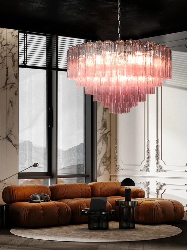 

Italian Designer Vintage Texture Glass Chandelier Transparent Pink Home Decoration Hanging Lamps for Ceiling Living Room Lustre